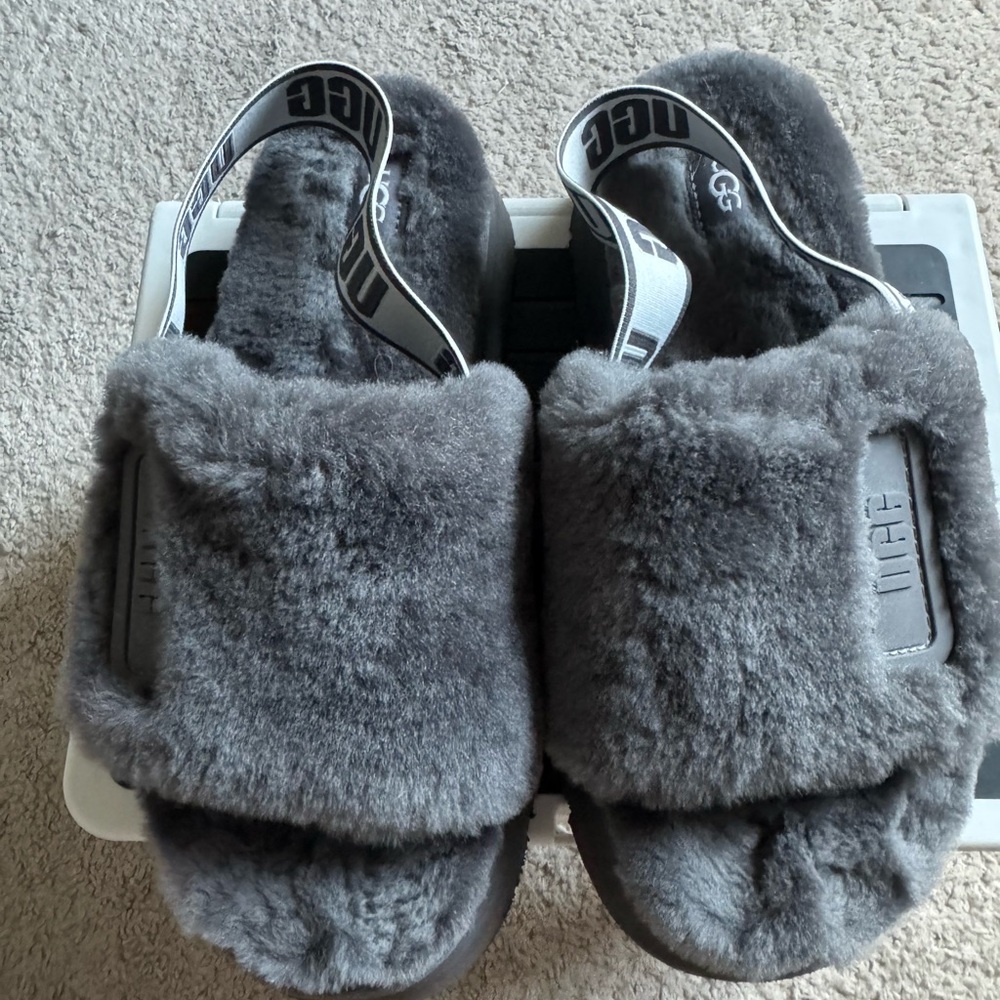 (Used) UGG Charcoal Fluffy Slide Sandals